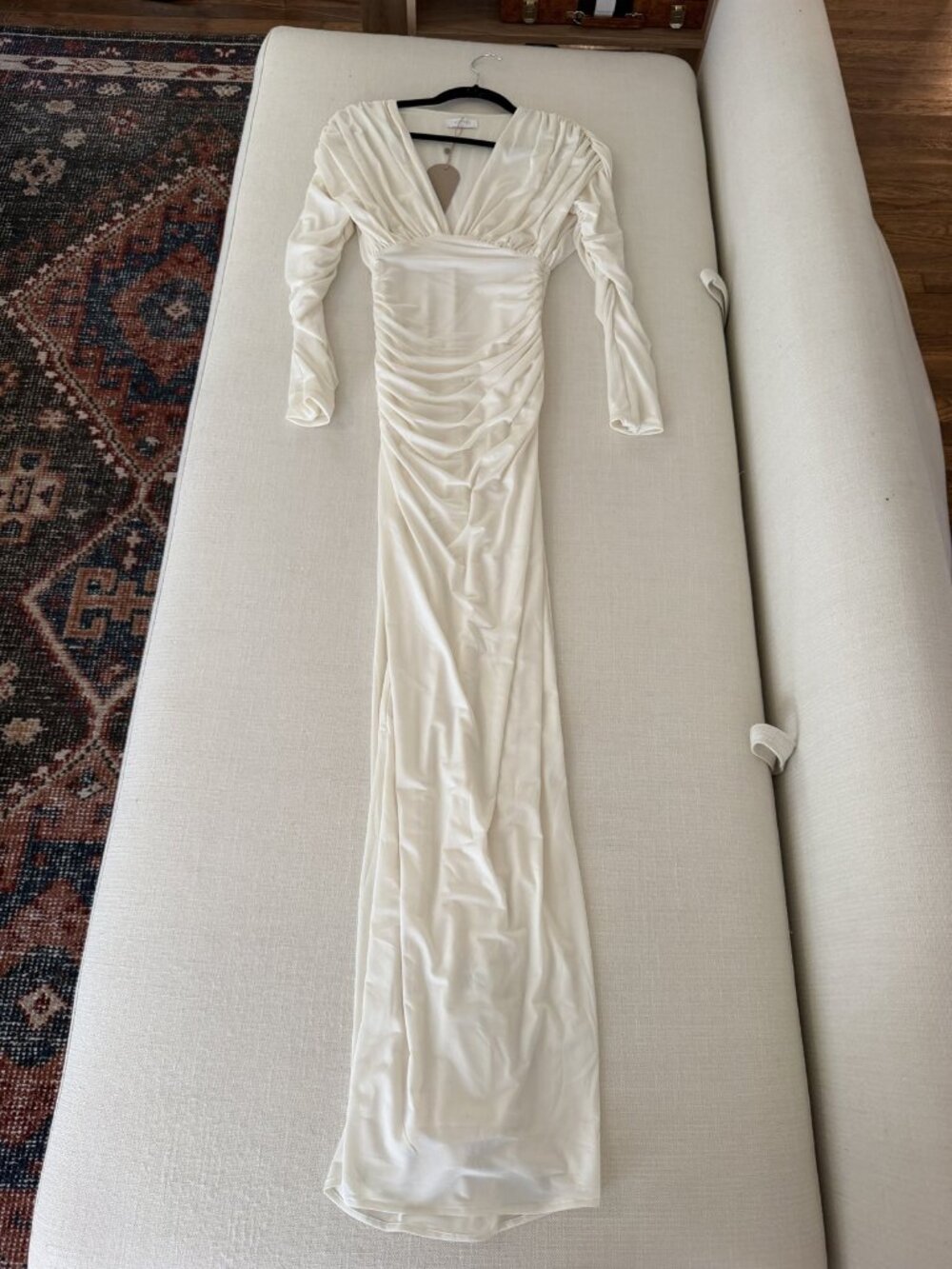MESHKI Hayden Long Sleeve Plunge Maxi Dress Ivory Ruched Draped Bodice XS NWT